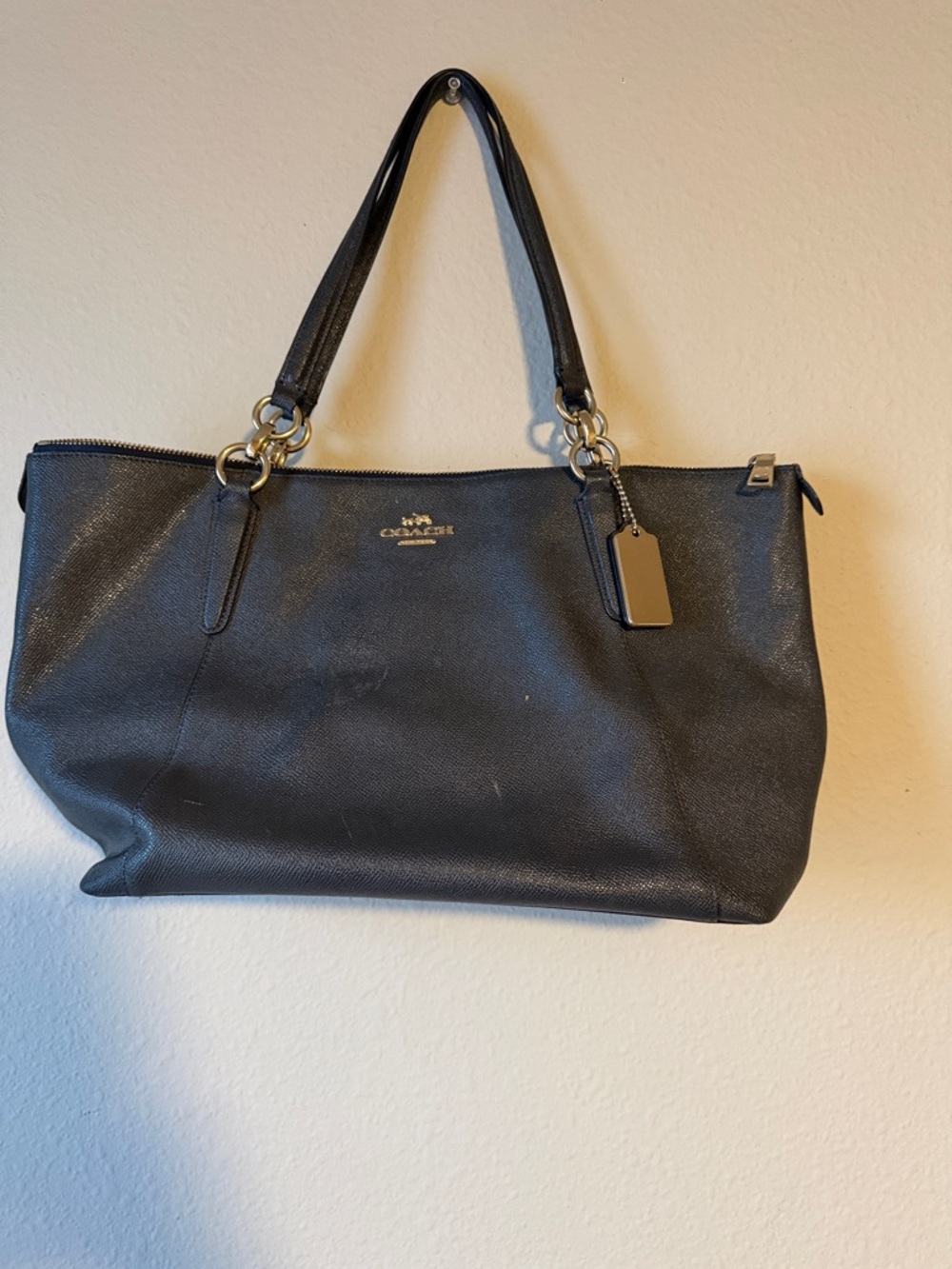 Coach Black Leather Zip-Top Tote with Gold Hardware